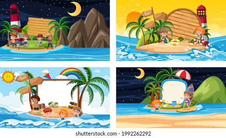 Conjunto de escenas de diferentes playas tropicales con ilustración de banner en blanco