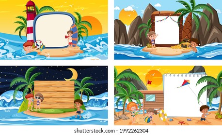 Set of different tropical beach scenes with blank banner illustration