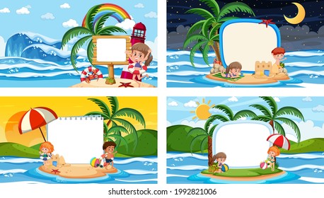Set of different tropical beach scenes with blank banner illustration