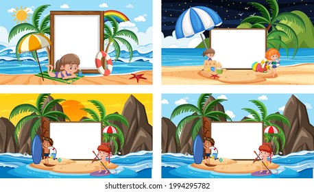 Reihe verschiedener tropischer Strandszenen mit leerer Bannergrafik