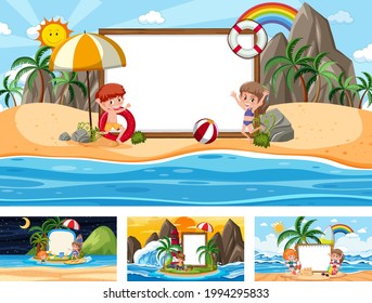 Set of different tropical beach scenes with blank banner illustration