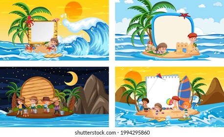 Set of different tropical beach scenes with blank banner illustration