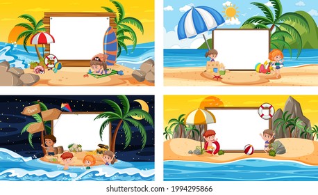 Conjunto de escenas de diferentes playas tropicales con ilustración de banner en blanco