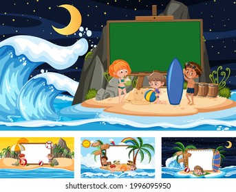 Reihe verschiedener tropischer Strandszenen mit leerer Bannergrafik