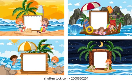 Set of different tropical beach scenes with blank banner illustration