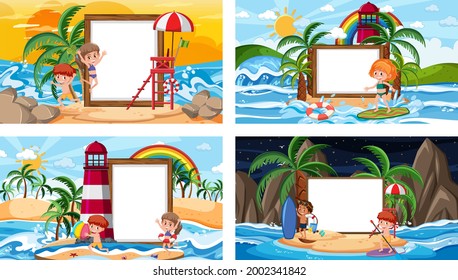 Reihe verschiedener tropischer Strandszenen mit leerer Bannergrafik