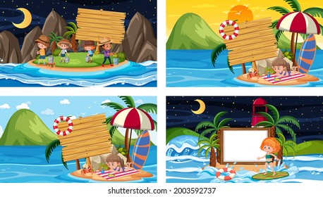 Reihe verschiedener tropischer Strandszenen mit leerer Bannergrafik