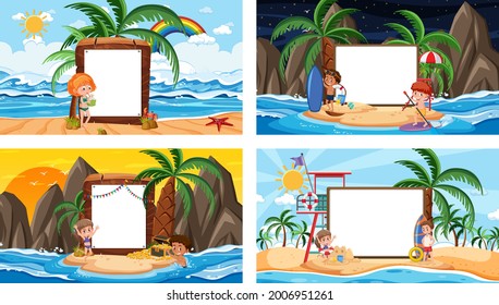 Set of different tropical beach scenes with blank banner illustration