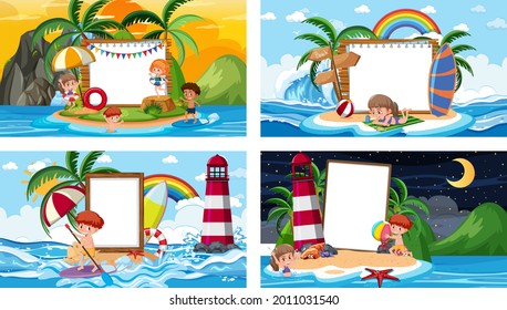 Set of different tropical beach scenes with blank banner illustration