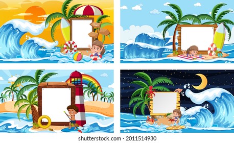 Set of different tropical beach scenes with blank banner illustration