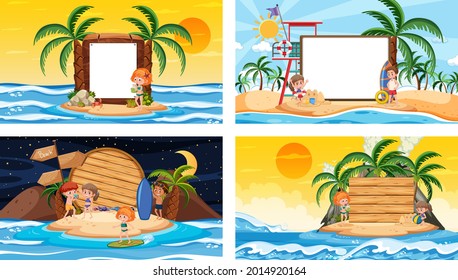 Set of different tropical beach scenes with blank banner illustration