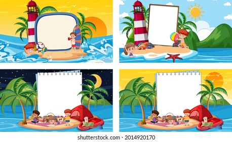 Set of different tropical beach scenes with blank banner illustration