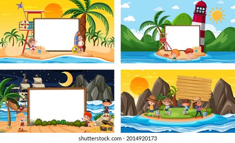Set of different tropical beach scenes with blank banner illustration