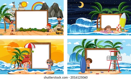 Reihe verschiedener tropischer Strandszenen mit leerer Bannergrafik
