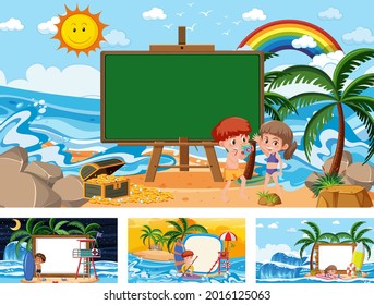 Set of different tropical beach scenes with blank banner illustration