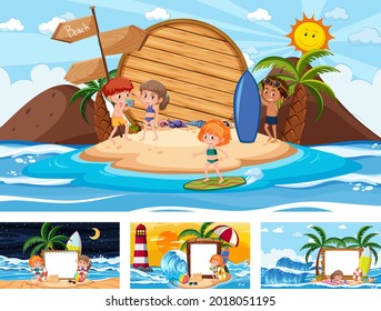 Reihe verschiedener tropischer Strandszenen mit leerer Bannergrafik