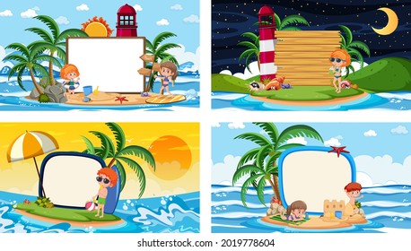 Reihe verschiedener tropischer Strandszenen mit leerer Bannergrafik