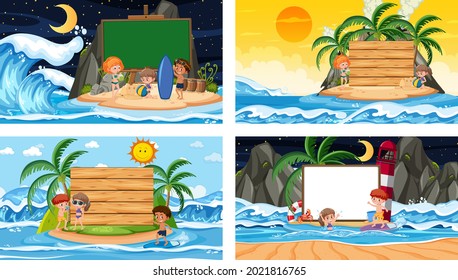 Set of different tropical beach scenes with blank banner illustration