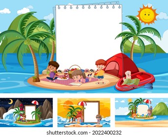 Conjunto de escenas de diferentes playas tropicales con ilustración de banner en blanco