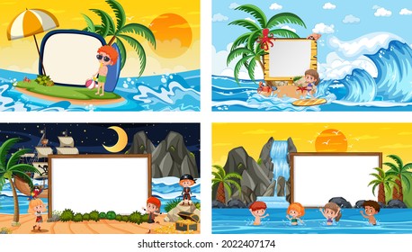 Set of different tropical beach scenes with blank banner illustration