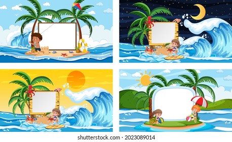 Set of different tropical beach scenes with blank banner illustration