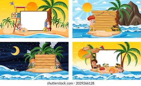 Set of different tropical beach scenes with blank banner illustration