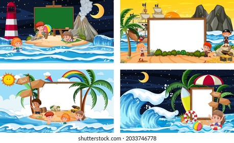 Conjunto de escenas de diferentes playas tropicales con ilustración de banner en blanco