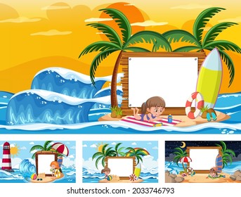 Set of different tropical beach scenes with blank banner illustration