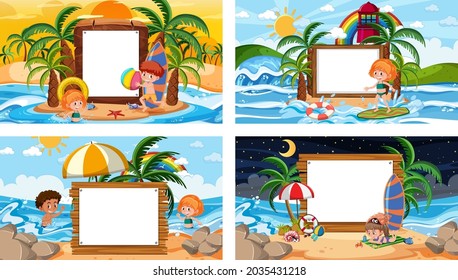 Set of different tropical beach scenes with blank banner illustration