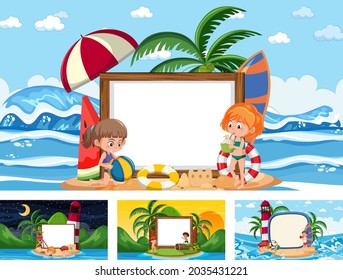 Set of different tropical beach scenes with blank banner illustration