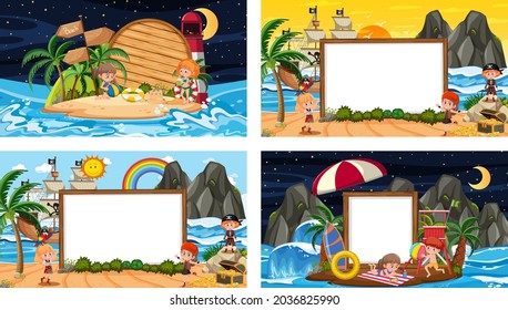 Conjunto de escenas de diferentes playas tropicales con ilustración de banner en blanco