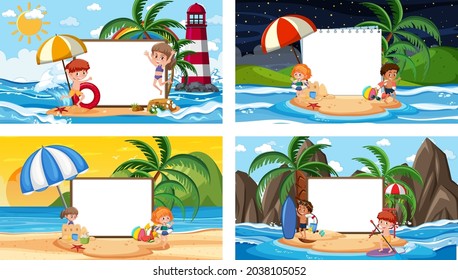 Set of different tropical beach scenes with blank banner illustration