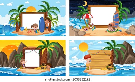 Set of different tropical beach scenes with blank banner illustration
