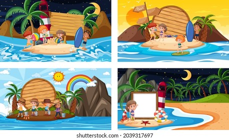Set of different tropical beach scenes with blank banner illustration