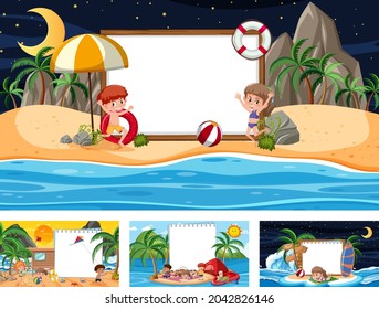 Set of different tropical beach scenes with blank banner illustration