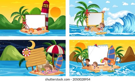 Conjunto de escenas de diferentes playas tropicales con ilustración de banner en blanco