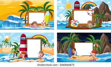 Set of different tropical beach scenes with blank banner illustration