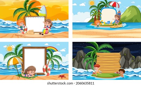 Set of different tropical beach scenes with blank banner illustration