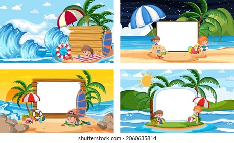 Set of different tropical beach scenes with blank banner illustration