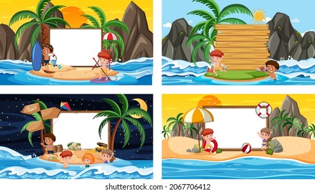 Set of different tropical beach scenes with blank banner illustration