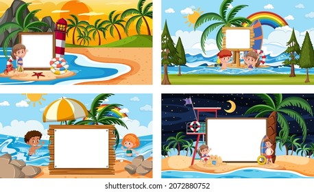 Reihe verschiedener tropischer Strandszenen mit leerer Bannergrafik