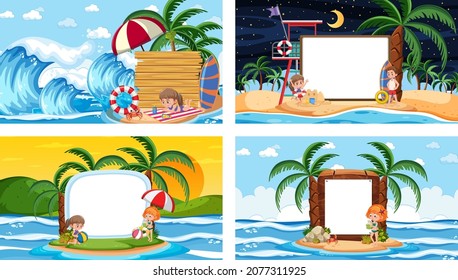 Set of different tropical beach scenes with blank banner illustration