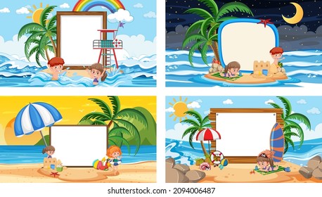 Conjunto de escenas de diferentes playas tropicales con ilustración de banner en blanco