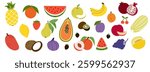 Set of different tropical fruits and berries. Fresh and ripe organic healthy food. Watermelon, pineapple, bananas,coconut and etg. Colored hand drawn flat vector illustration isolated