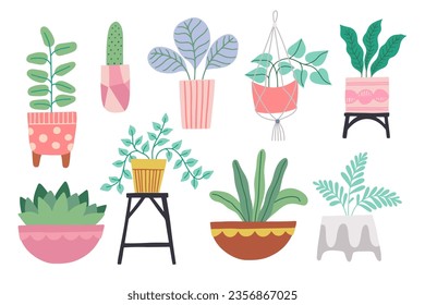 Set of different tropical house plant. Ficus, monstera, protea, pellaea, succulent in various pot, vase. Scandinavian cozy home decor. Flat vector cartoon illustration isolated on white background.