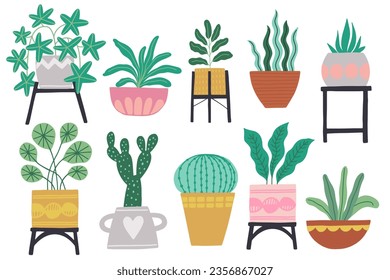 Set of different tropical house plant. Ficus, monstera, protea, pellaea, succulent in various pot, vase. Scandinavian cozy home decor. Flat vector cartoon illustration isolated on white background.