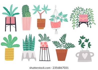 Set of different tropical house plant. Ficus, monstera, protea, pellaea, succulent in various pot, vase. Scandinavian cozy home decor. Flat vector cartoon illustration isolated on white background.