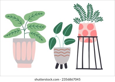 Set of different tropical house plant. Scandinavian cozy home decor. Flat vector cartoon illustration isolated on white background.