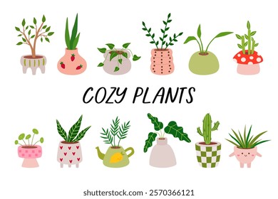 Set of different tropical house plant. Cozy plants in various pot, vase. Scandinavian home decor. Flat vector cartoon illustration isolated on white