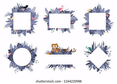  Set of different tropical templates with exotic flowers, flamingo, tiger and palm leaves